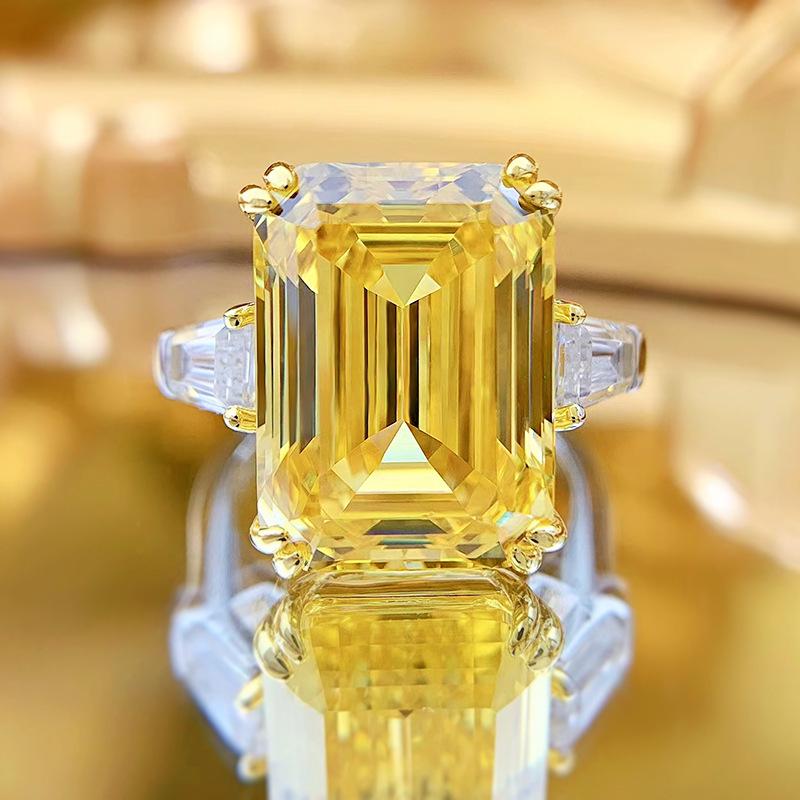 Hui Zhi Yi 2023 S925 Sterling Silver Yellow Diamond Ring for Women - European & American Style, High Carbon 11*15mm Gem