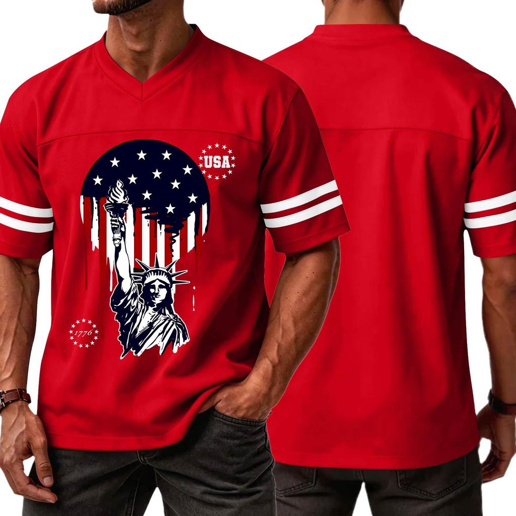 Men's Casual V Neck Short Sleeve Sports T Shirt Independence Day Printed Graphic Tee USA Lettering Athletic Top