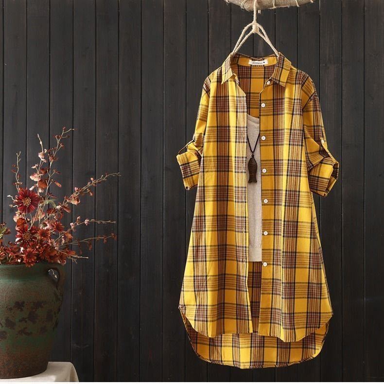 Leinenblusen Damen Damen Hemd mit Knöpfen Chinesischer Stil Damenbekleidung Kariert Langarm Vintage Oberteil Hemden