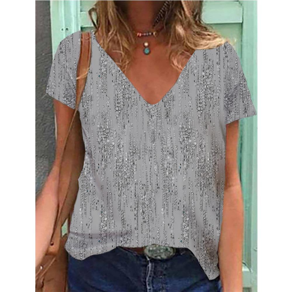 Women's T-shirts Summer Gradient Graphics Tops V Neck Fashion Female Vintage Clothing Floral Print