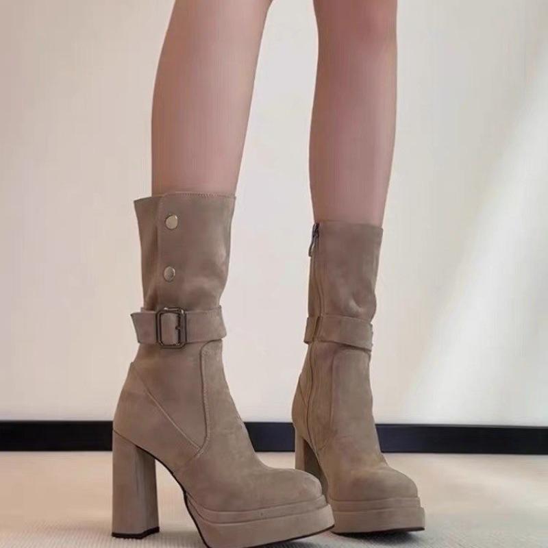 Niche Retro Block-heeled High-heeled Shoes for Women 2025 New Summer Versatile, Thin and Heightened Small Mid-leg Boots