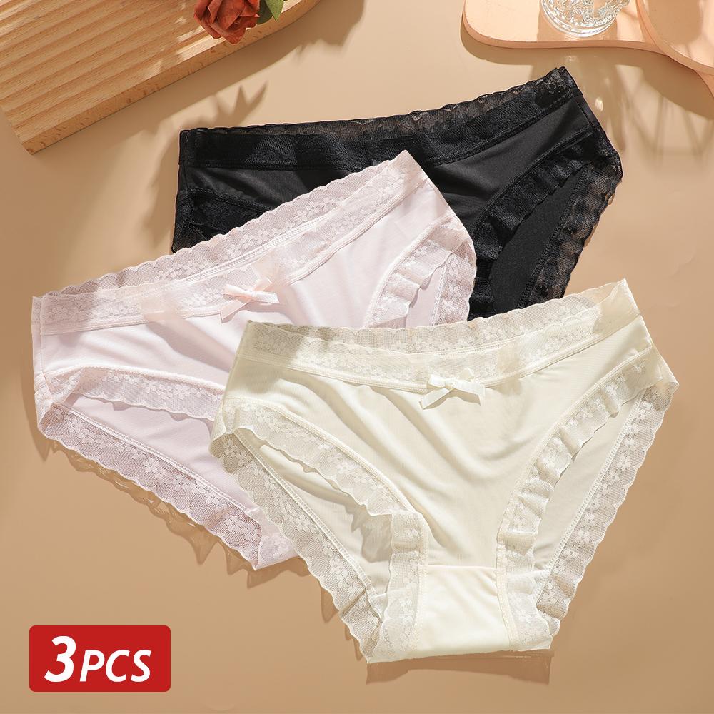 3PCS/Set Seamless Panties Ice Silk Lace Perspective Briefs Ultra Thin Breathable Underwear Cool Summer Female Sexy Lingerie