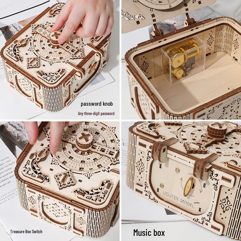 DIY Wood Treasure Box G612: 3D Puzzle, Password Protected, Music Box Gift for Kids