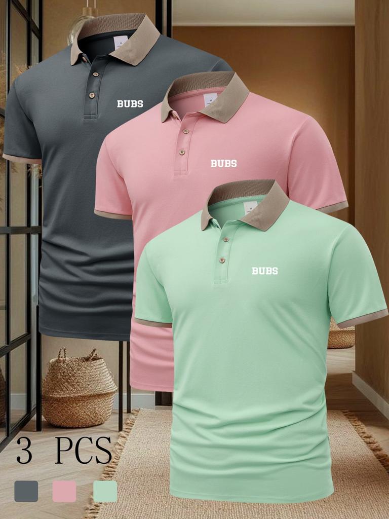 3pcs Summer Men's Casual Short-Sleeve Polo Shirt with a Collar, Stylish And Suitable for Everyday Business Wear