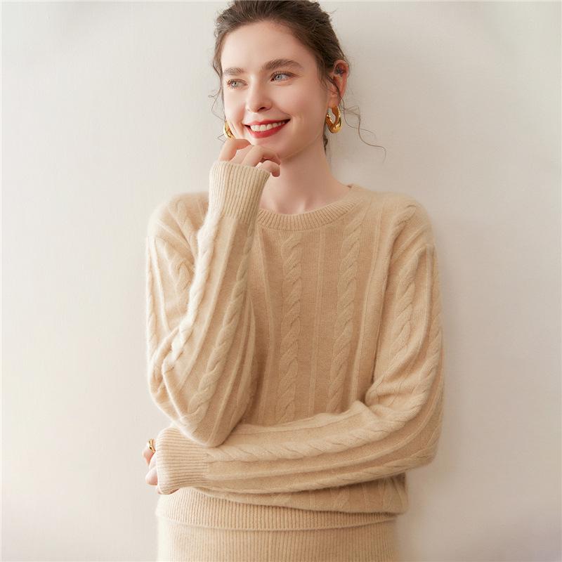 Women's Cashmere Sweater - Cable Knit, Slim Fit, Round Neck, Long Sleeve, Solid Color, Elegant Autumn/Winter Top