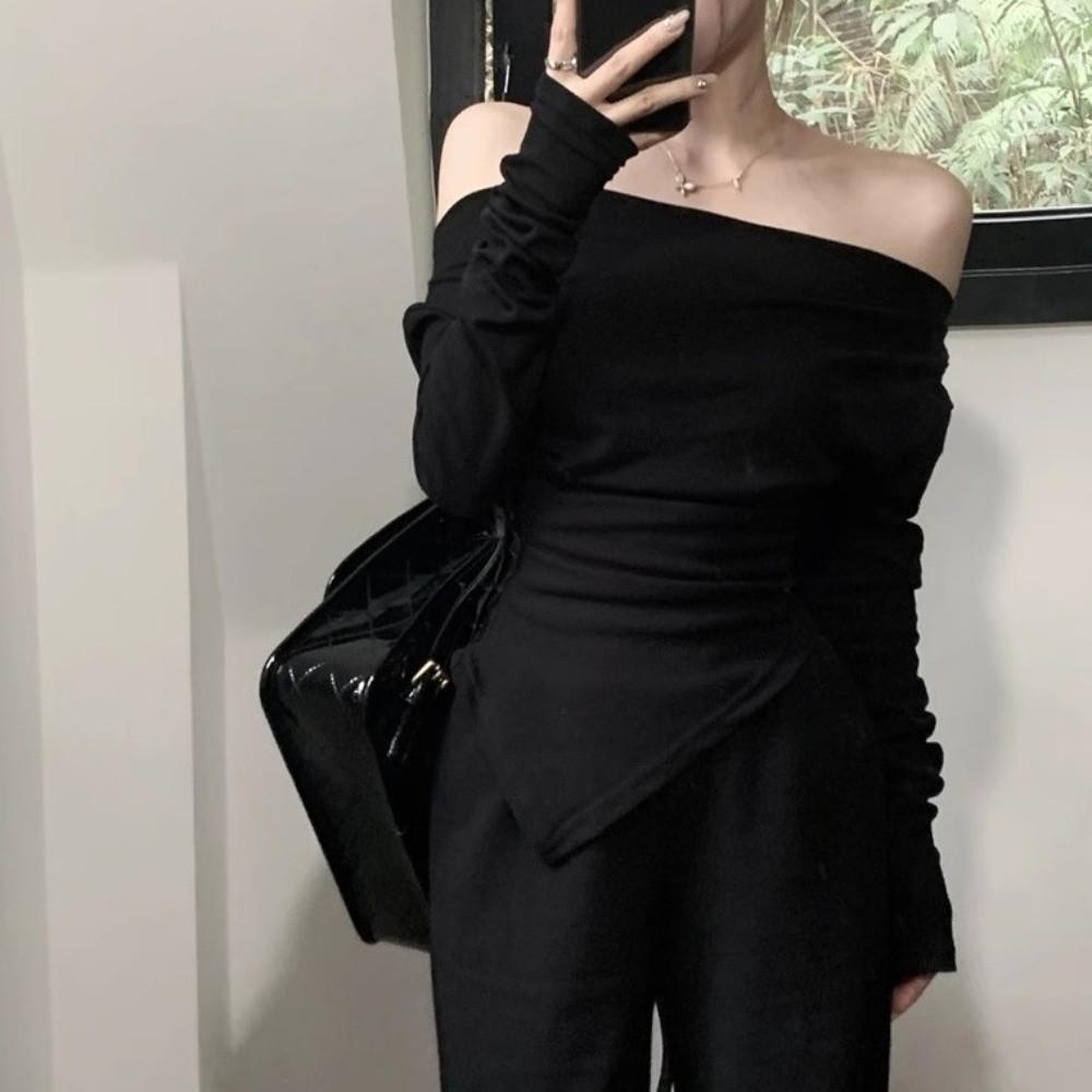Korean Y2K Ins Bottoming T-shirt Off-shoulder Long Sleeve Tops  Spring Autumn Winter