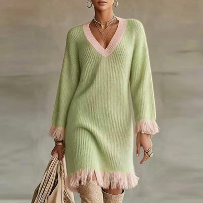Dame Løs Frynse Strikket Kjole V-hals Kontrastfarve Langærmet Sweaterkjole Efterår Vinter Afslappet Pullover Minikjoler