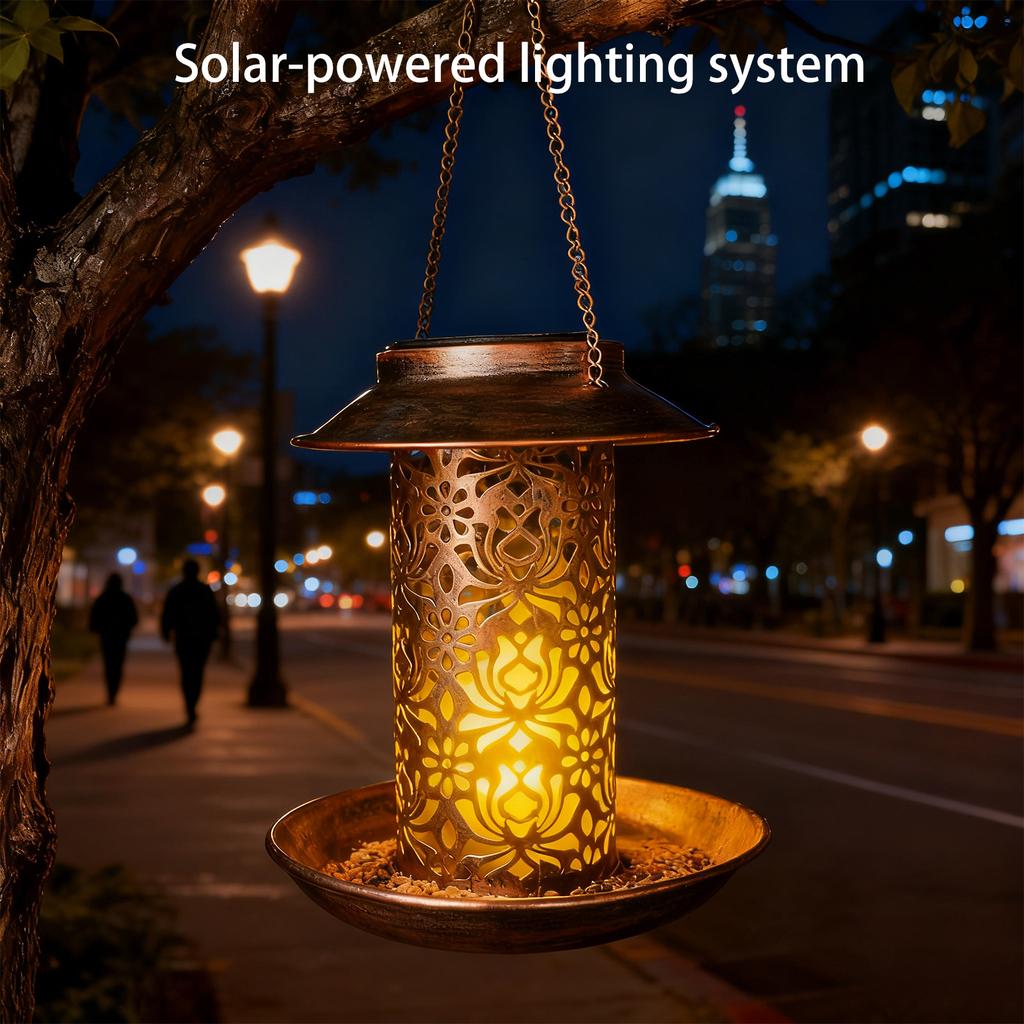 Solar Powered Bird Feeder With Lights, Antique Copper Decorative Cutout Hanging Bird Feeder For Outdoor Garden Yard