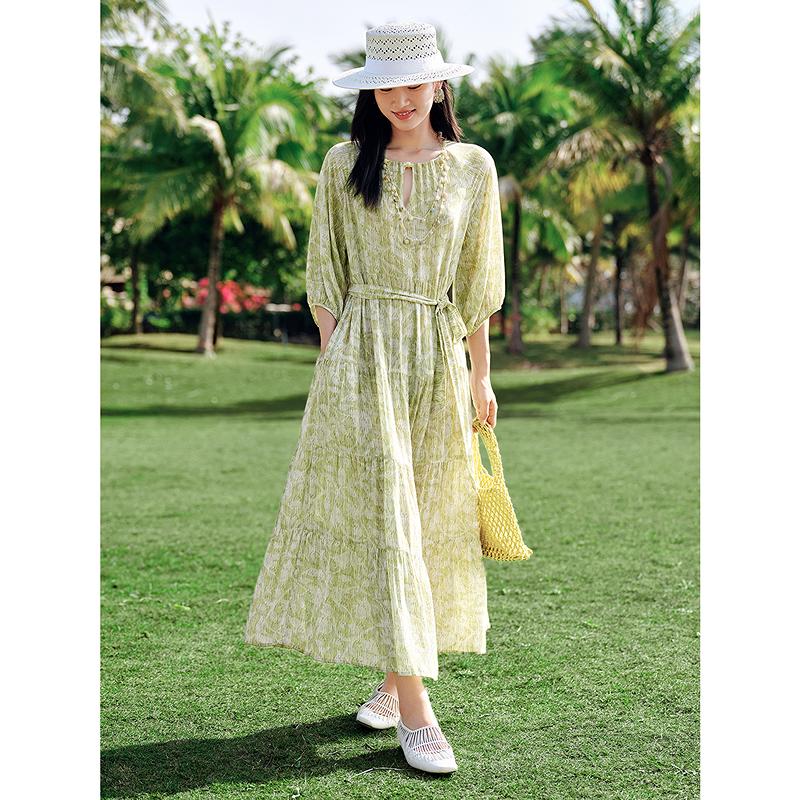 [Green Sound Skirt] Jiuzi Anna Kou Rural Style Relaxing Plant Printed Dress 2025 Summer New Style