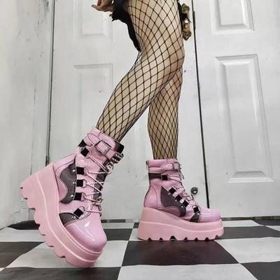 Cosplayer Gothic Motorcycle Boots  New Platform Chunky High Heel Ankle Boot Ladies Cool Wedge Punk Woman Black Female Shoes