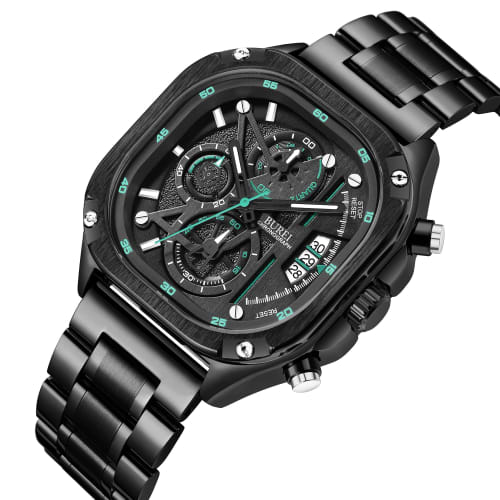 BUREI Men's Rectangular Face Chronograph Quartz Watch, Analog, Waterproof, Date, Stainless Steel, Black, Gift for Men