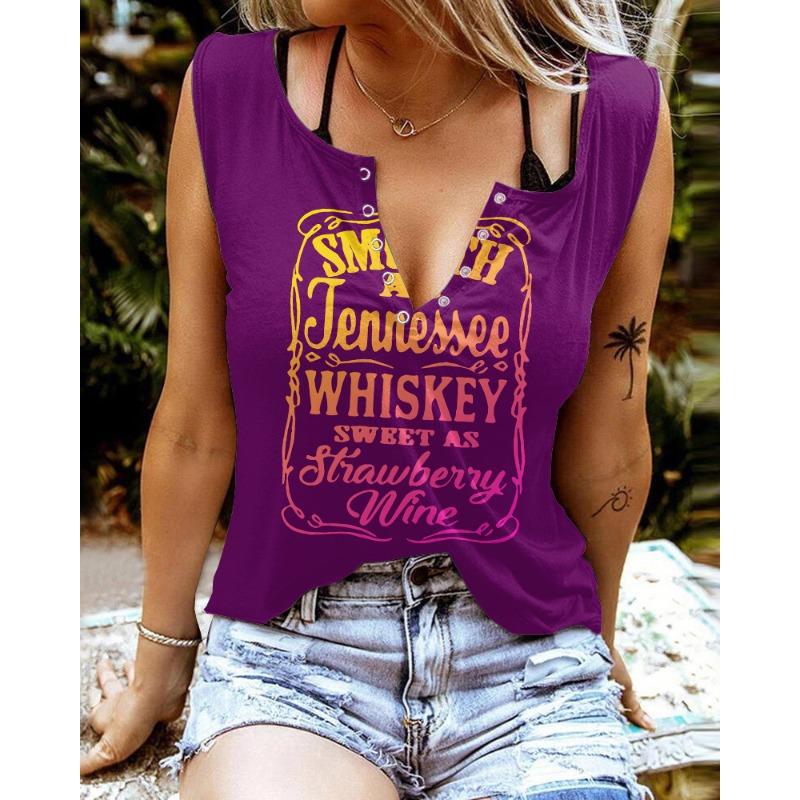 Zabawne T-shirty damskie bez rękawów z nadrukiem literowym i kolorowym dekoltem w serek