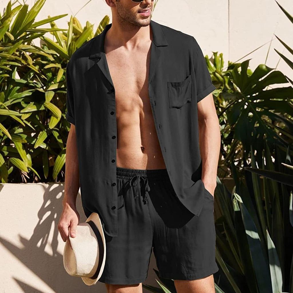 Cross-border Summer Sports Short-sleeved Shorts Set Linen Loose Casual Men's Shirt Set