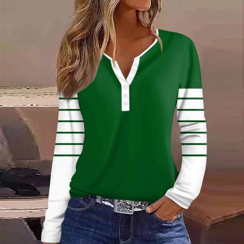 

Womens Color Block Striped Print Henley Top Casual Long Sleeve Crew Neck Blouse S