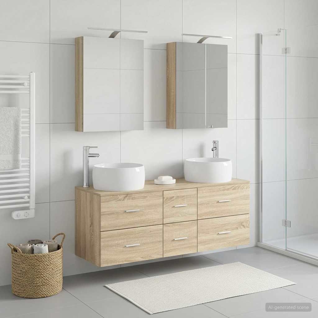 5 Piece Bathroom Furniture Set Sonoma Oak Engineered Wood and Glass