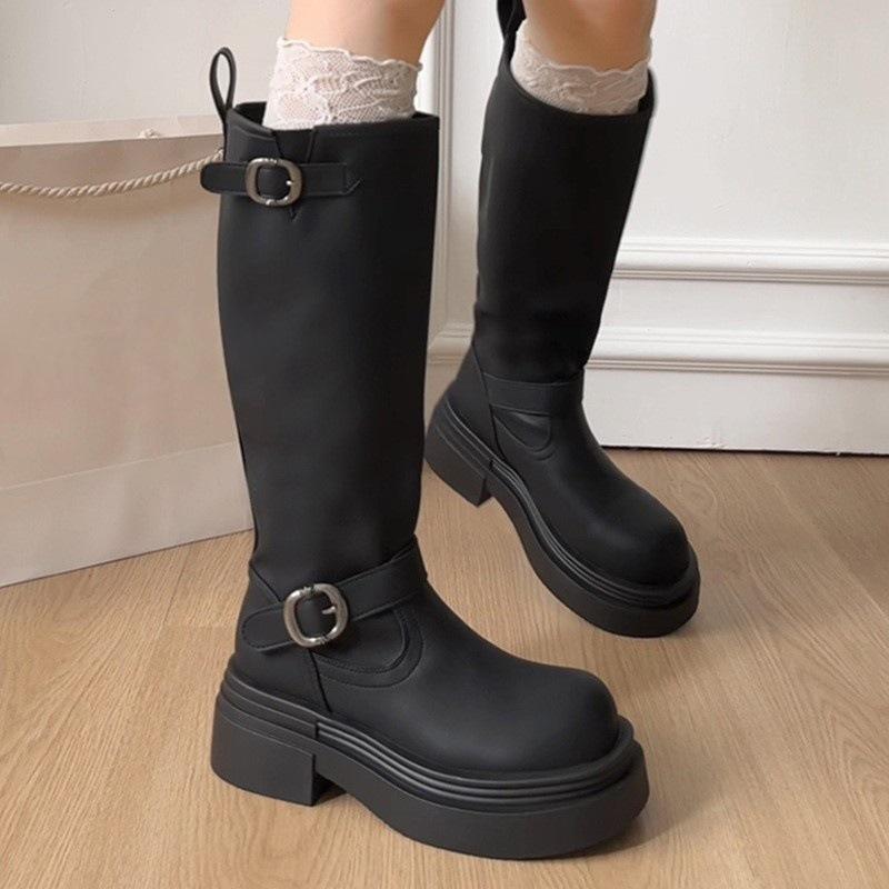 Black Belt Buckle Boots Women's 2025 New Versatile and Thin Small Man Increases Height But Knee High Knight Boots