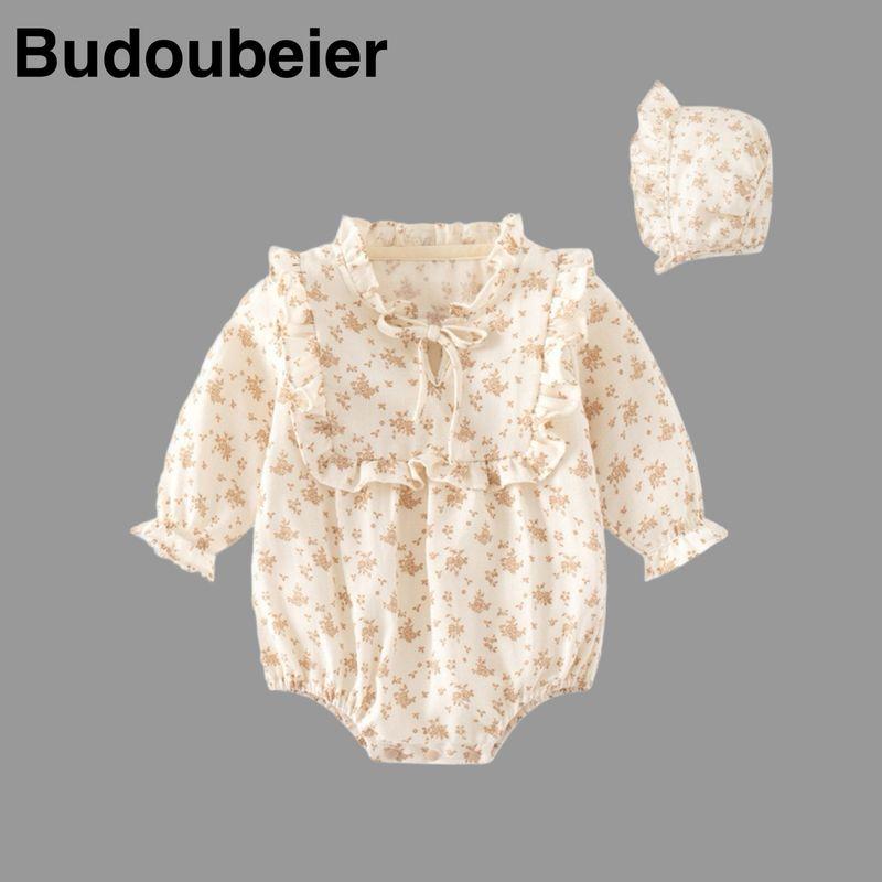 

British Baby Clothes, Spring and Autumn Outfits for Girls, Princess-Style Fashionable One-Piece Romper, Spring Romper Rice Flower (Give a Hat) 73