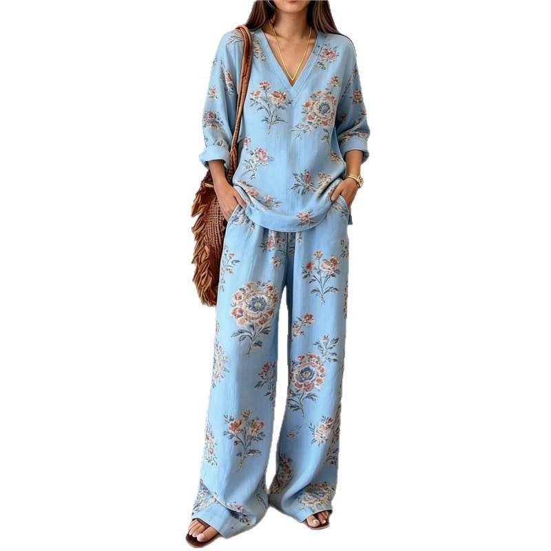 Gentle Temperament Printed Top Set, Classic Bohemian Pattern, Loose Wide-leg Pants for Summer Casual Wear