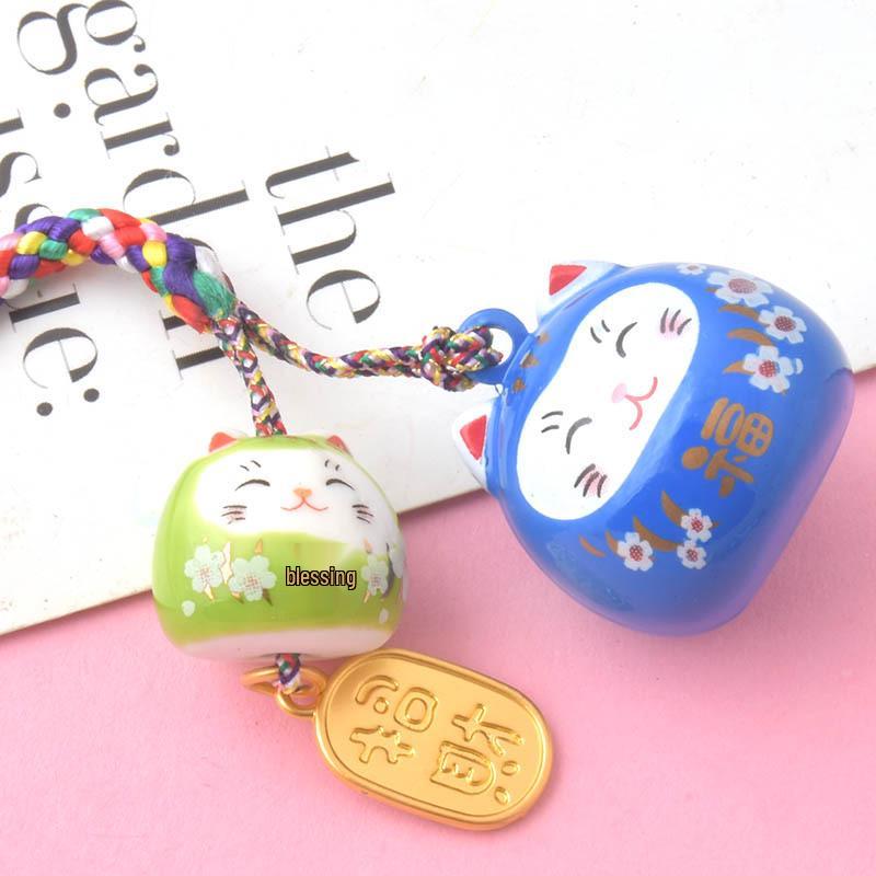Japanischer Maneki-neko Zwillingskatzen Keramikglocken Anhänger für Handy, Auto oder Rucksack