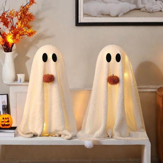 Light-Up Sherpa Ghosts with Pumpkin Cute Ghost Tabletop Decoration for Halloween Indoor Home Kitchen Fireplace Decor