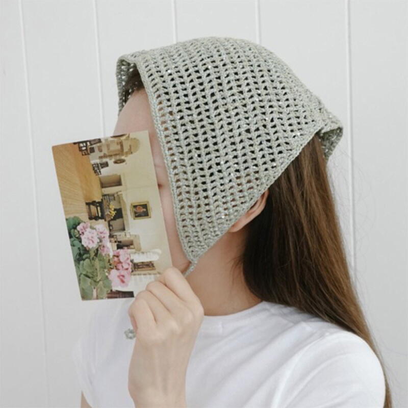 Women s Sequin Knit Kerchief Net Headscarf A33578_Black