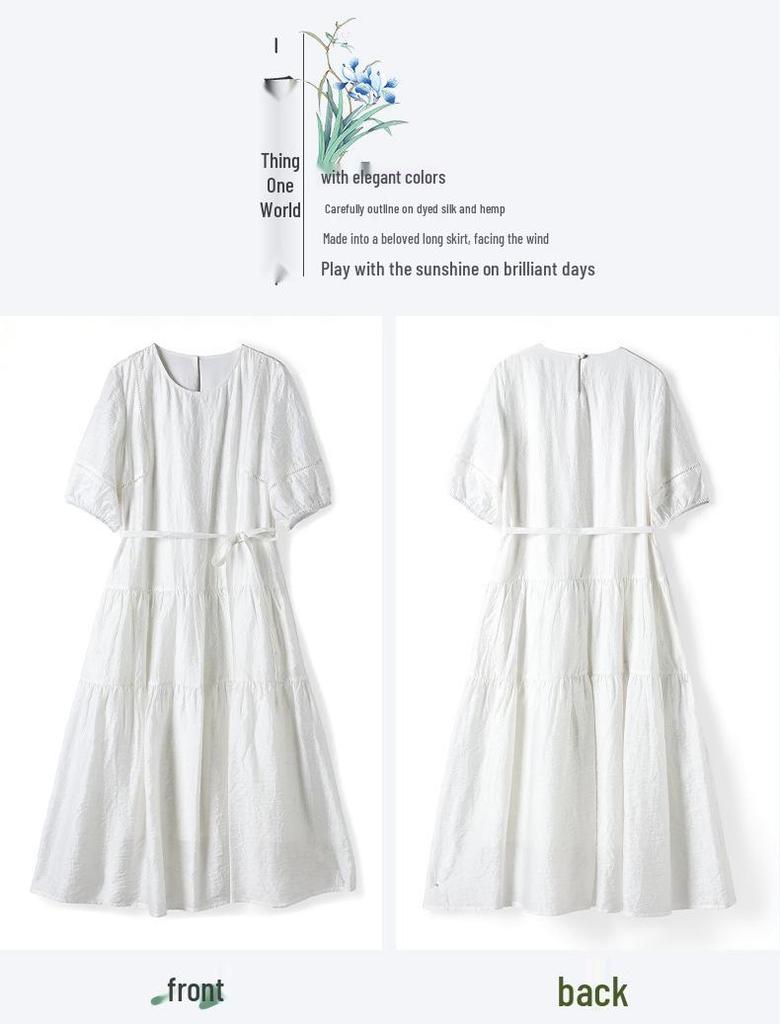 Women's White Cotton Linen Puff Sleeve Belted Midi Dress