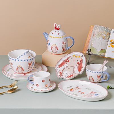 Cartoon Rabbit Relief Ceramic Tableware,Fish Plate Rice Bowl Kitchen Cutlery Set Gift,High Appearance Easter Coffee Cup Dish Set