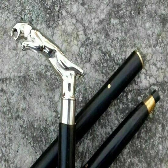 Brass Jaguar Head Handle Wooden Walking Stick Cane Vintage Antique Replica Gifts