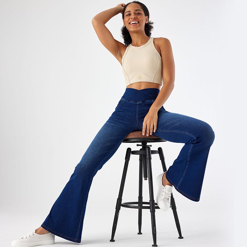 High Waist Stretch Flare Yoga Denim Pants with Cat Whisker Design