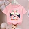 Children Crew Neck Short Sleeve T-Shirt with Parent-Child Themed Cartoon Stork Print