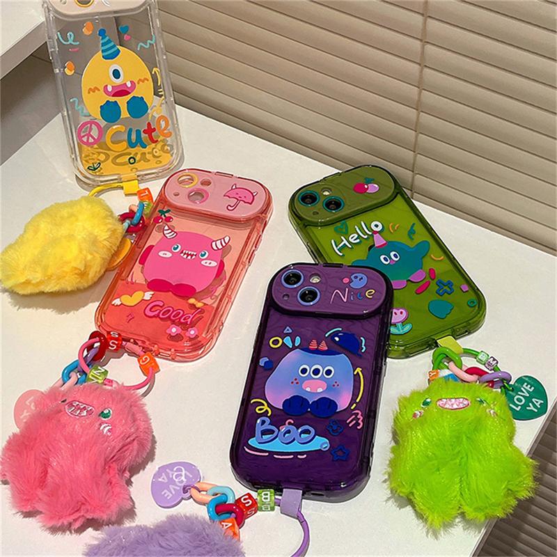 Korean Cute Plating Monster 3d Plush Pendant Phone Case For Iphone 14 13 12 11 Pro Max Xr Mirror Holder Shockproof Soft Cover