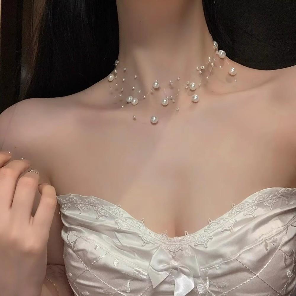 Luxury White Pearl Necklace Adjustable Length Multi-Layer Sweater Chain Women's Jewelry Necklace