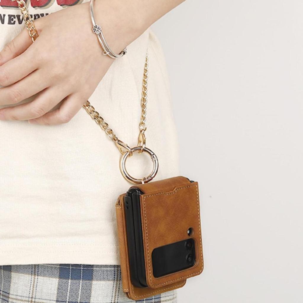 For Samsung Galaxy Z Flip5 5G Case Card Holder Leather+PC Phone Cover with Finger Ring