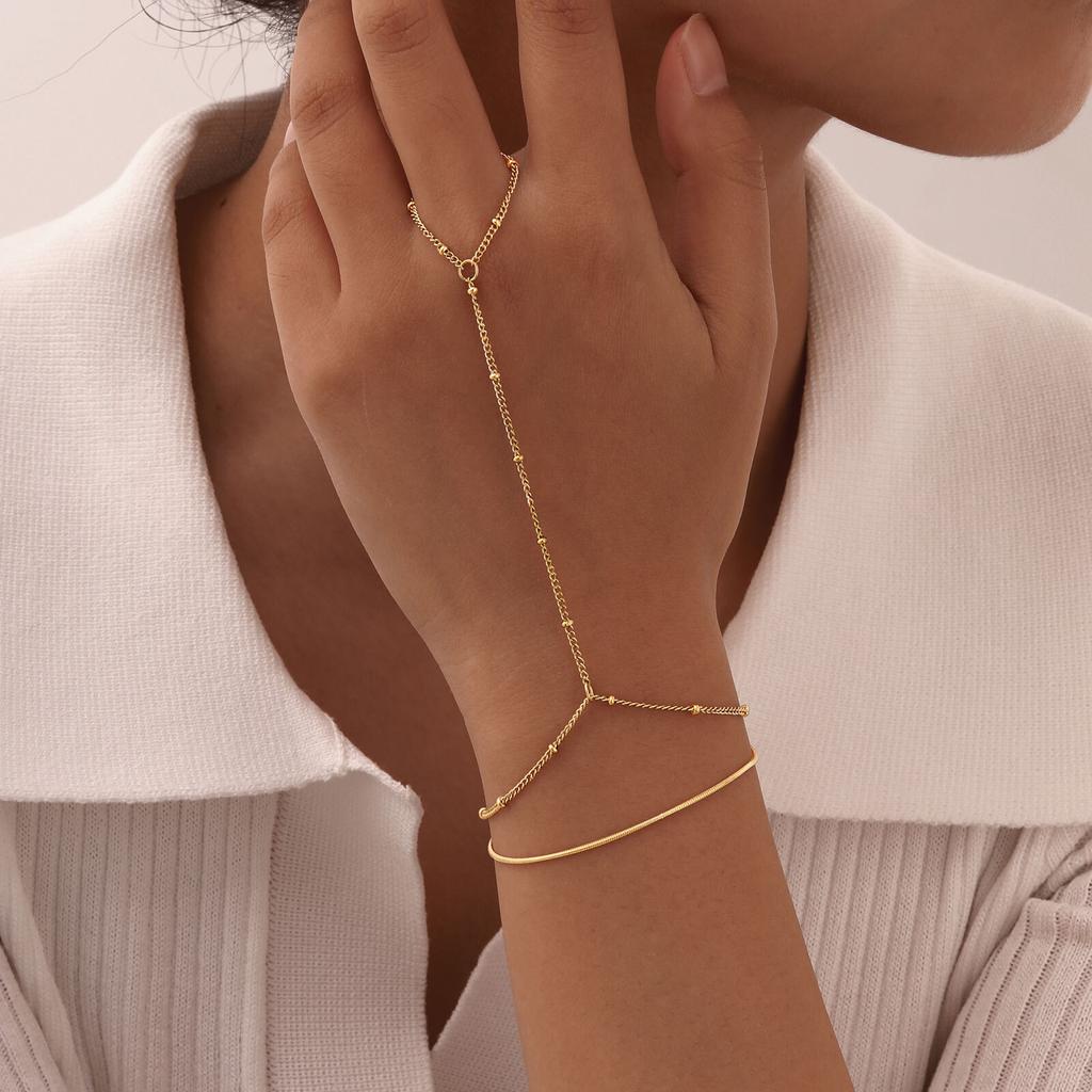 Exquisite Vintage Wrist Bracelet for Women Finger Ring Chain Charms Beads Bracelet Chain Lady Trendy Aesthetic Jewelry Set