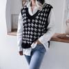 V-neck Checkered Knitted Vest Women Sweater Casual Loose Commute Simple Base Shirt Autumn and Winter