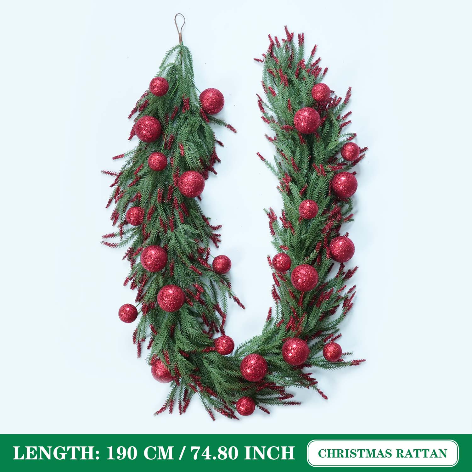 

1PC 2M Artificial Electroplated Red Ball Pine Needle Rattan Home DIY Fireplace Staircase Handrail Christmas Party Window Decor 2M зелений