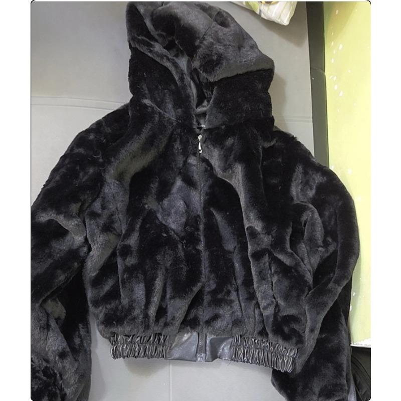 Chaqueta de Invierno Cálida para Mujer, Corta, de Algodón Acolchado, con Capucha de Pelo Sintético de Conejo, Suave