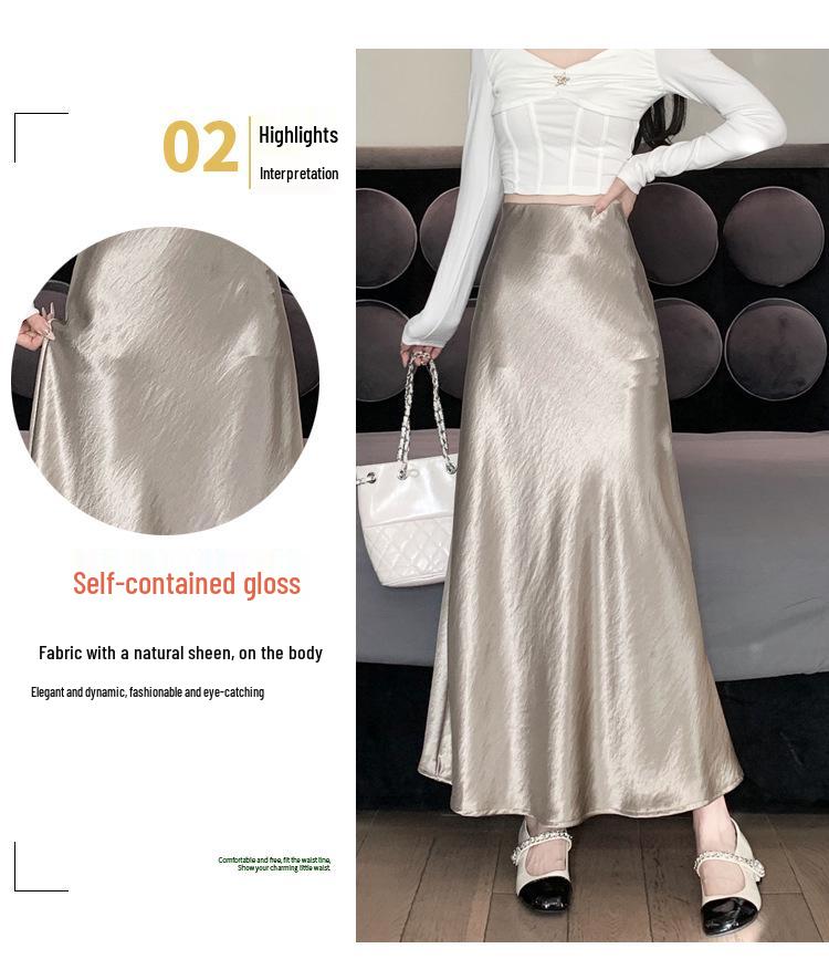 Французька спідниця міді А-силуету з атласу з високою посадкою для жінок - Осіння колекція