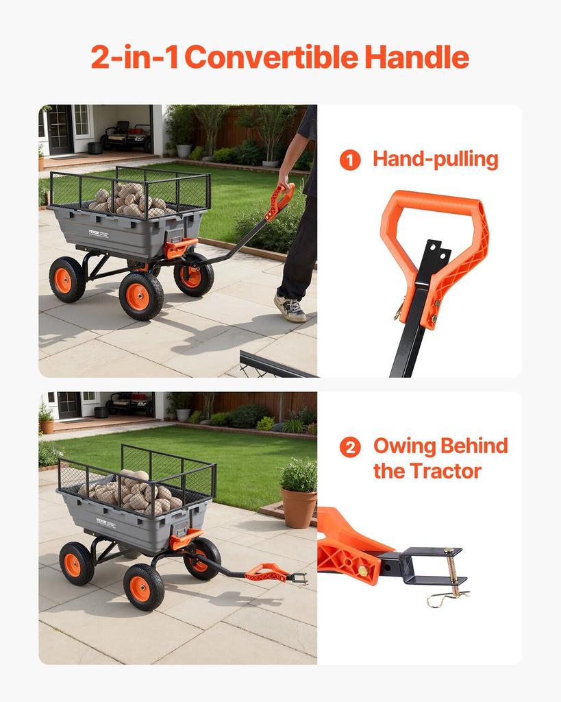 Garden Dump Cart, 544 kg Poly Dump Cart, Garden Carts Dumps Wagon with Storage Fence, 2-in-1 Convertible Handle, 90° Quick-Dumps Mechanism, 180°
