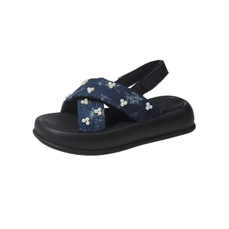 Summer Fashion Comfortable Round-toe Light Roman Beach Sandals Non-slip Thick-soled Sandals for Women Denim Pearl Flip-flops