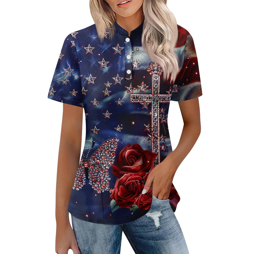 Women's Casual Polo Shirt Short Sleeve Loose Fit Button Up Top with Butterfly and Rose Print Suitable for Everyday Wear