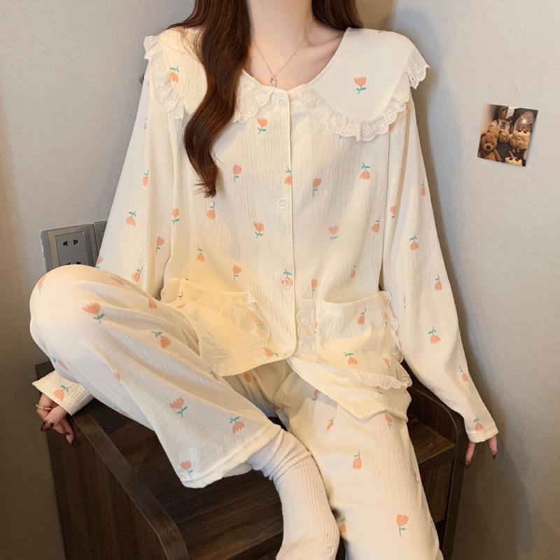 Pigiama in Cotone a Nuvole Pois - Set da Donna a Manica Lunga con Collo da Bambola per Primavera e Autunno