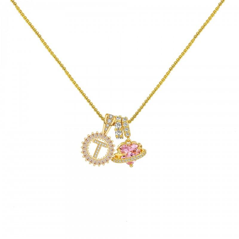 Copper Pendant Necklace With Zircon Stone Alphabet Charms Floral Design Personalized Letter Jewelry