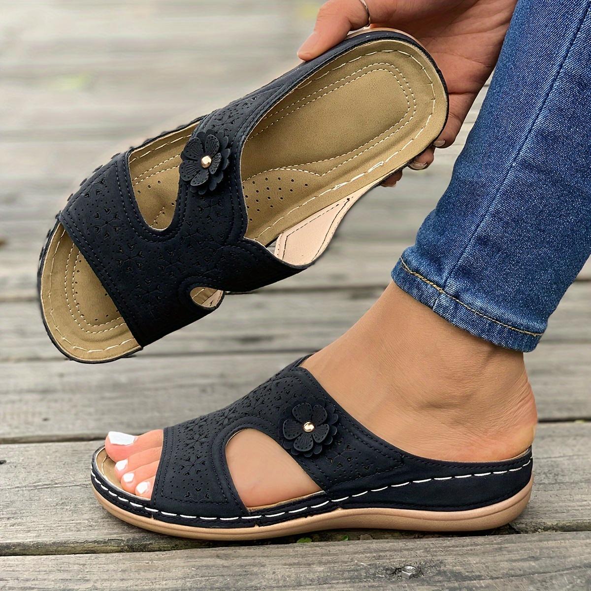 

Женские босоножки на танкетке с мягкой подошвой, цветочный декор, повседневная удобная летняя обувь для отдыха на открытом воздухе 42 чёрный