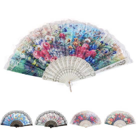 Leque Dobrável Leve Portátil Leque Vintage Elegante Renda Floral Padrão Leque de Mão Casamento Festa Acessório