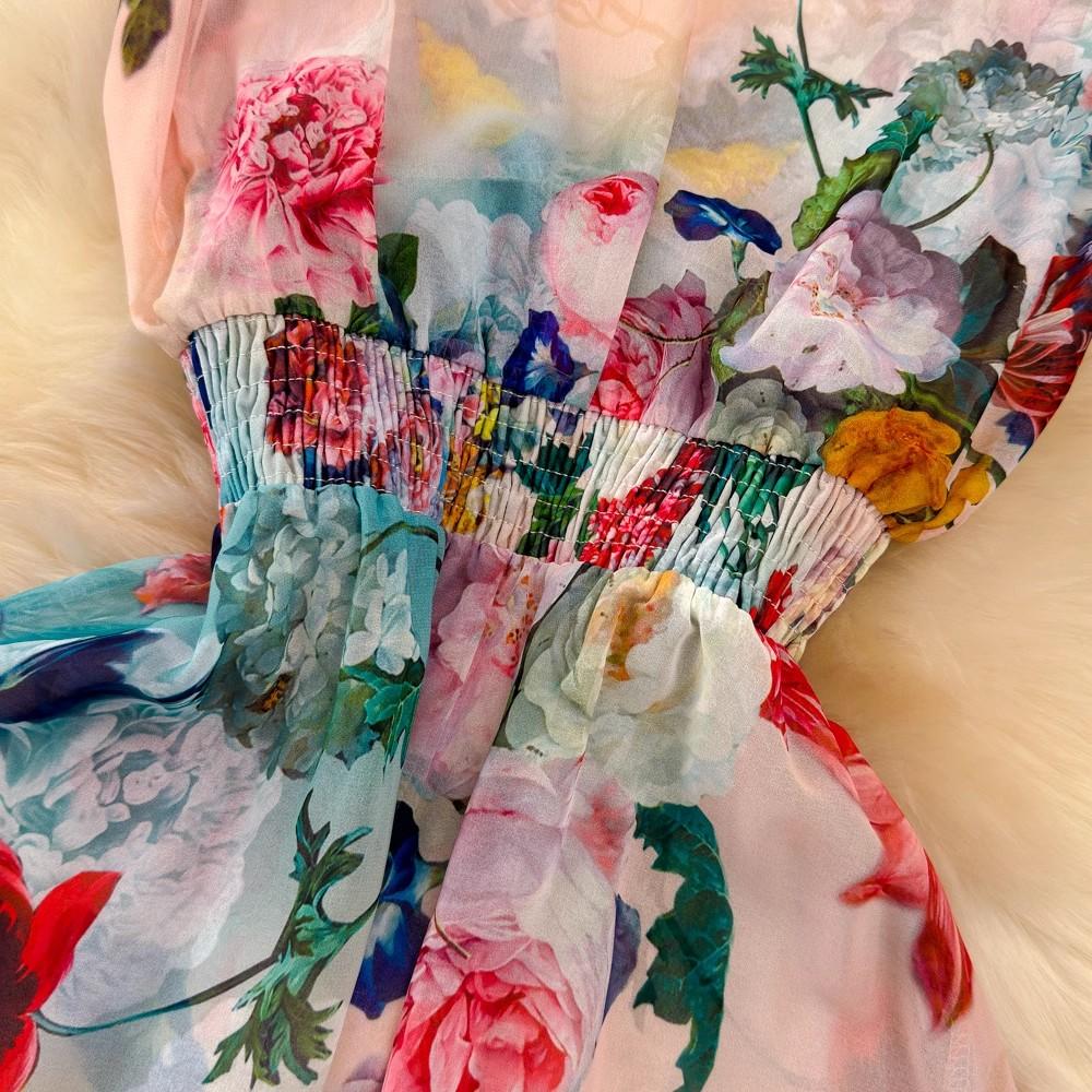 New 2024 Summer Gorgeous Flower Print Chiffon Holiday Long Dress Boho Women's Sexy Deep V Neck Sleeveless Ruffles Buttons Robe