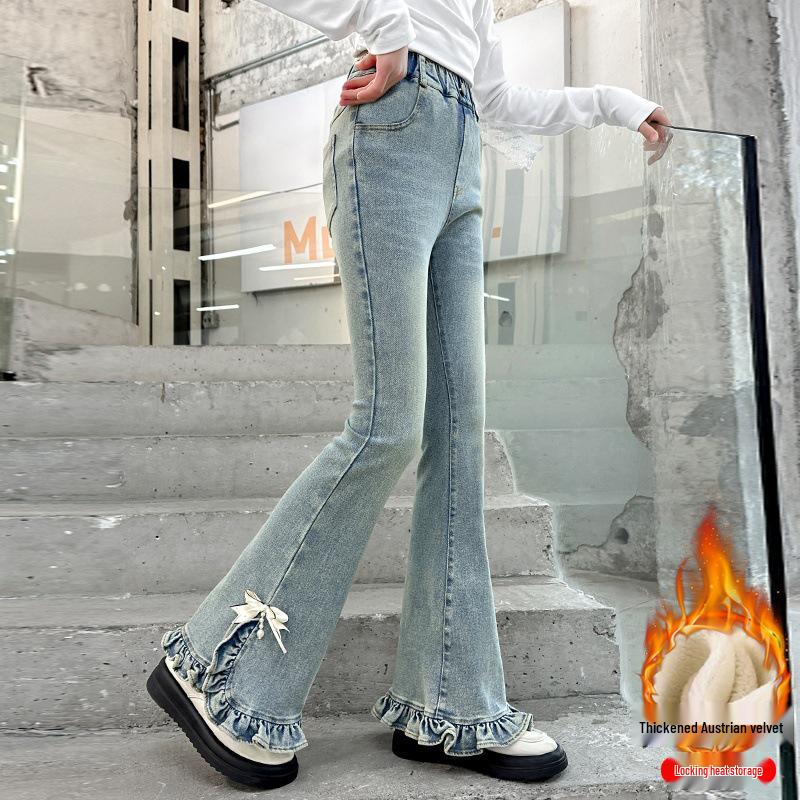 

Девичьи расклешенные джинсы с кружевом в виде бабочек - На флисовой подкладке для осени/зимы 2025 170cm