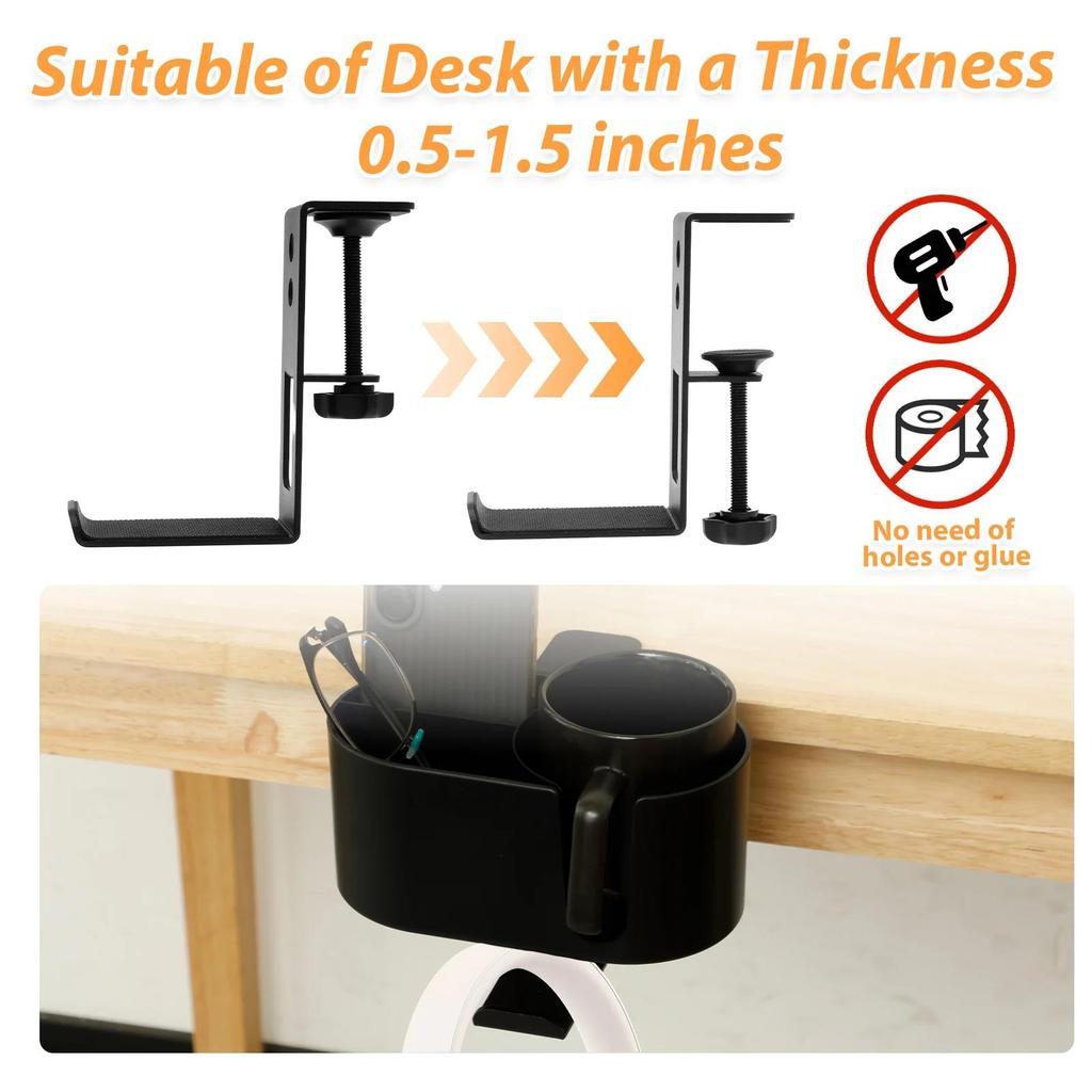4 in 1 Desk Cup Holder Headphone Hanger Universal Adjustable Leak Proof Clip On Table Coffee Mug Holder Gaming Desk Organizer Cup Holders 5