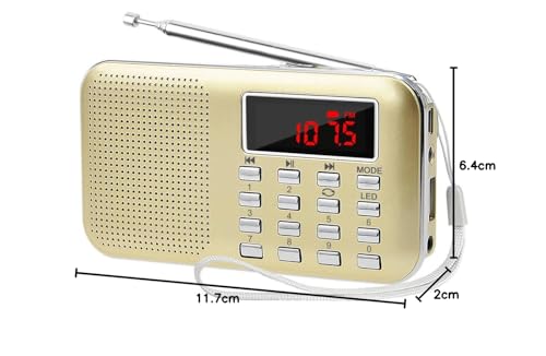 LEFON Rechargeable Multi-Function AM/FM Pocket Radio with USB and microSD Card Support, MP3 Player, LED Light, and Portable Radio (Gold)