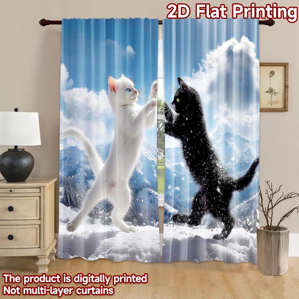 2D Flachdruck 2 Stück Fenstervorhänge Niedliche Katzen Schneebedeckte Berge Tanz Digital Bedruckte Polyester Vorhänge Feiertagsdekorationen für